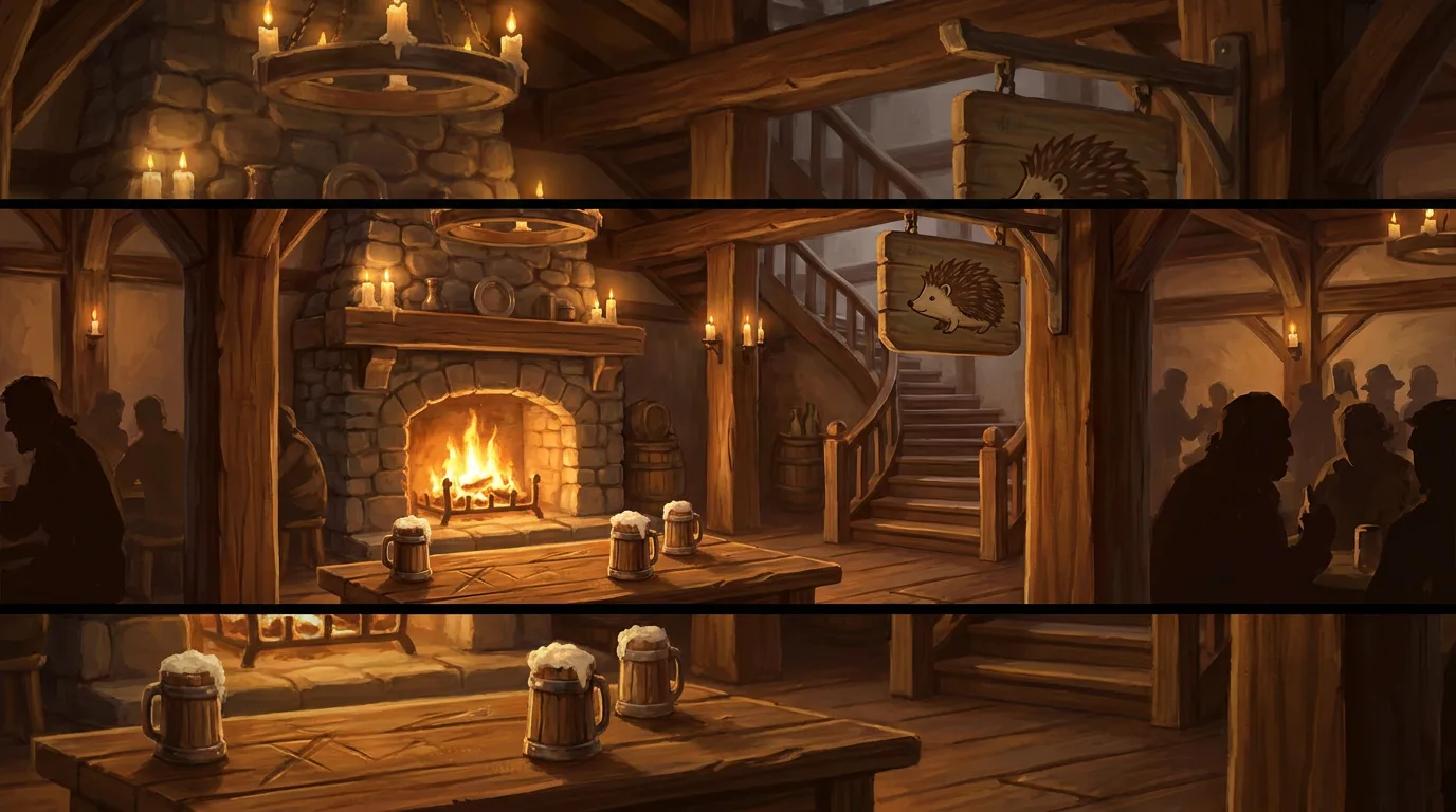 A cozy tavern taproom with a roaring stone fireplace, foaming tankards on oak tables, and a hedgehog signboard hanging by the stairs